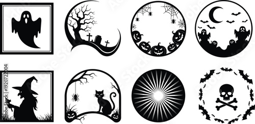 Halloween decorative silhouette collection featuring spooky ghost frames wicked witch icons black cat borders and skull crossbones elements for holiday party invitation design vector set