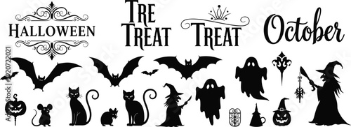 Halloween silhouette vector set featuring spooky elements like bats ghosts black cats witches and festive typography for trick or treat October party decorations