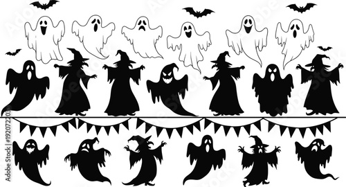 Halloween silhouette collection with spooky ghosts, wicked witches, flying bats and festive bunting flags vector set for scary party invitation design and holiday seasonal decorations