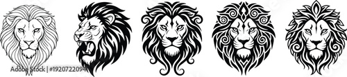 Majestic lion head silhouette collection featuring ornate tribal manes and powerful regal expressions for wild animal logo design mascot branding and heraldic vector set