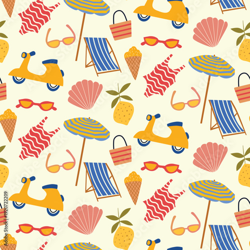 Italian summer vacation beach icons seamless pattern featuring umbrellas, beach chair, swimsuit, lemon, seashells , sunglasses and ice cream. For summer backgrounds, beach décor and fabric