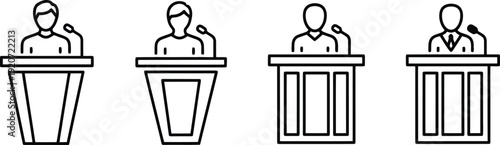Collection of four distinct public speaker icons presenting from lecterns podiums