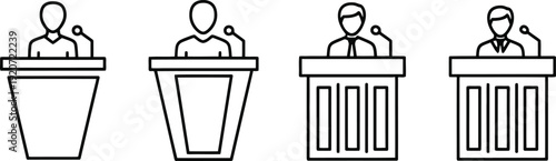 four distinct public speaker icons presenting from lecterns podiums