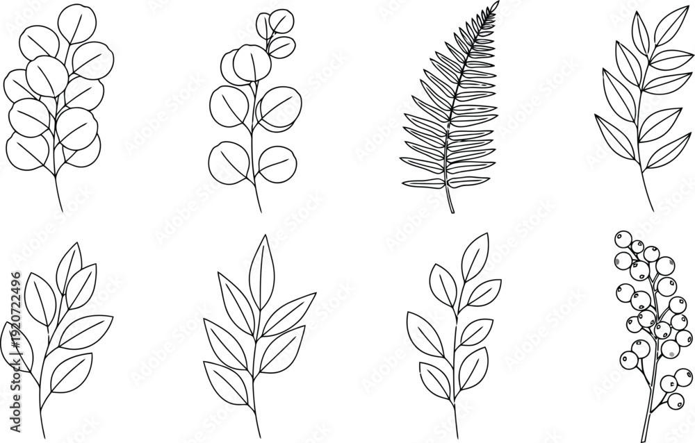 Fototapeta premium Collection of eight distinct botanical line art drawings featuring various leaf shapes.