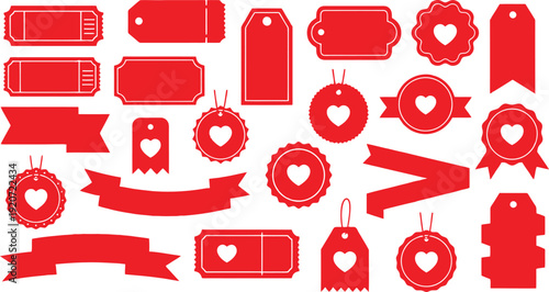 Collection of bright red silhouette tags, ribbons, banners, and labels designs