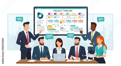 A diverse business team discusses a project timeline in an office meeting.