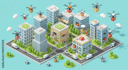 Drones delivering packages across a smart city with advanced logistics.