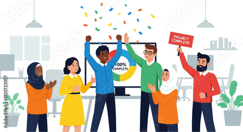 Diverse business team celebrating project completion in office with confetti.