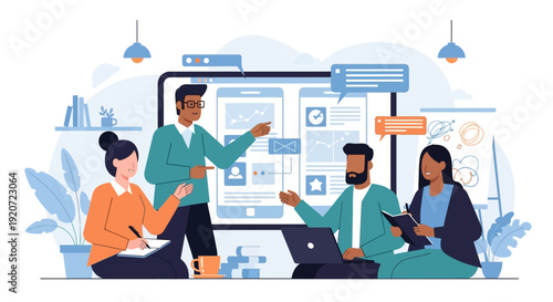 Diverse team collaborating on mobile app development and strategy in a modern office.