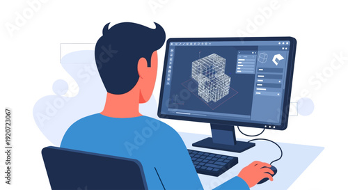 Man working with 3D modeling software for engineering design