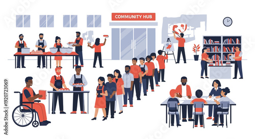 Diverse individuals engaging in various supportive community hub activities.