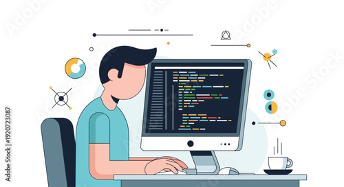 A developer codes on a computer with vibrant programming language