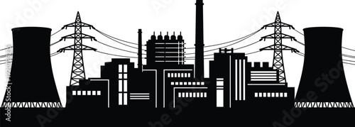 Industrial Power Plant Silhouette Vector, Electricity Generation Station with Cooling Towers and Transmission Lines, Energy Infrastructure Illustration