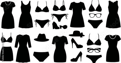 Collection of various women's swimwear and beachwear silhouettes