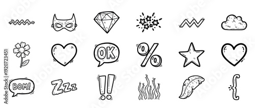 Collection of hand-drawn doodle icons: heart, star, flower, mask, speech bubbles