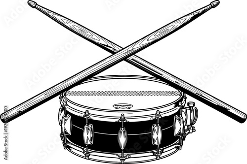 Black and white illustration of a drum with drumsticks