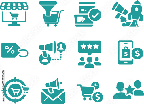 E commerce, digital marketing and shopping icons in a flat design style.