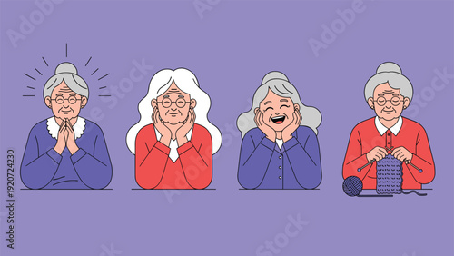 Collection of different poses of a sweet elderly woman including praying, smiling, and knitting for senior lifestyle theme.