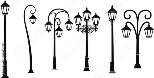 Vintage Street Lamp Post Silhouette Vector Set, Classic Outdoor Lantern Lights, Decorative Urban Lighting Pole Collection