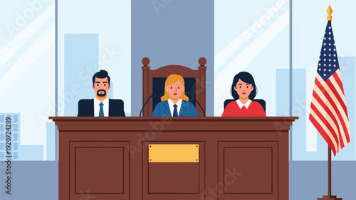 Three professional judges sitting at the bench in a modern courtroom with the American flag in the background for law and justice theme.