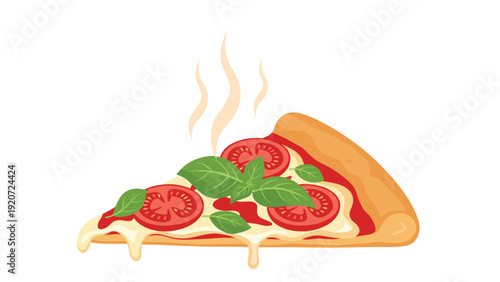 Freshly baked slice of italian pizza topped with melted cheese ripe tomato slices and aromatic basil leaves with steam rising.