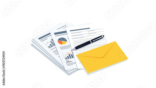 Stack of business documents with financial charts and a pen lying on top next to a yellow envelope in an isometric view.
