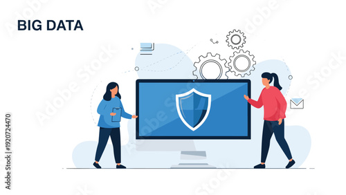 Two professional women working with a large computer monitor displaying a security shield for big data protection and management.
