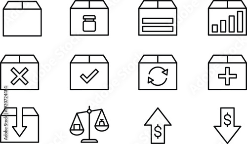Warehouse Package Management Line Icons Set, Logistics Delivery Box Symbols, Inventory Tracking, Shipping Analytics, Finance Up Down Arrows, Balance Scale Vector Collection