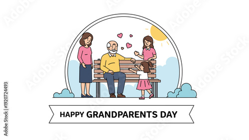 Heartwarming illustration of a grandfather sitting on a park bench with his granddaughter and two daughters for grandparents day.