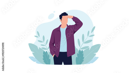 Stylized illustration of a young man wearing a purple jacket looking into the distance with leaves and plants in the background.