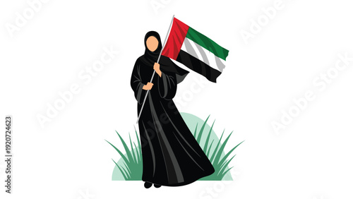 Proud woman wearing a black abaya holding the flag of the United Arab Emirates standing in a field of green grass.