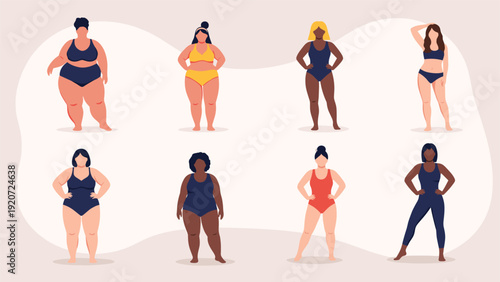 Set of eight diverse women showcasing body positivity in various swimwear and athletic outfits representing different shapes and sizes.