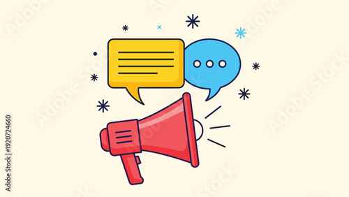 Red megaphone with yellow and blue speech bubbles representing digital marketing and social media communication on a plain background.