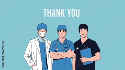 Three diverse medical professionals including a surgeon and doctors in scrubs and white coats standing together for health support.