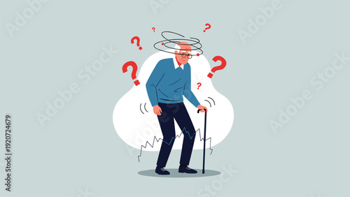 Senior man leaning on a walking stick feeling dizzy and confused with red question marks and spinning circles around his head.