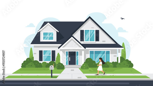 Suburban house with a woman walking on the sidewalk in front of green bushes and a blue sky for residential living theme.