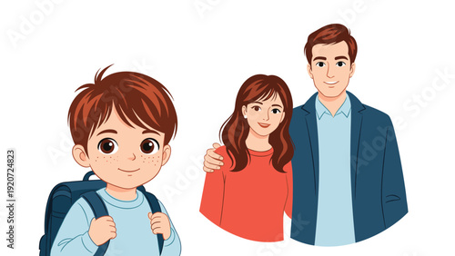 Cute young boy with backpack standing in front while his smiling parents appear in a circle behind for family and school theme.