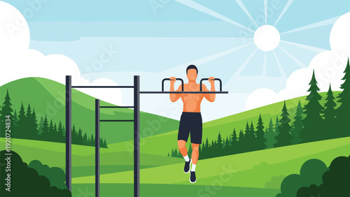 Fit man exercising by doing pull-ups on a horizontal bar in a scenic mountain park with green trees and bright sun.