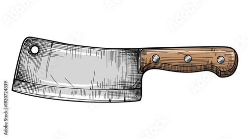Detailed hand drawn illustration of a large meat cleaver with a wooden handle on a white background for cooking and butchery.
