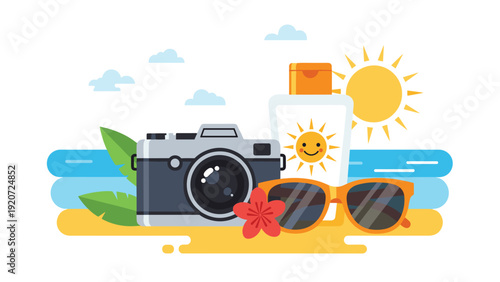 Collection of summer beach vacation essentials including a camera, sunscreen, sunglasses, and hibiscus flower against ocean background.