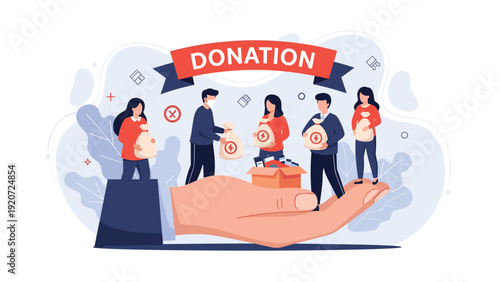 Diverse group of people standing on a giant hand donating bags of food and supplies for charity and humanitarian support.