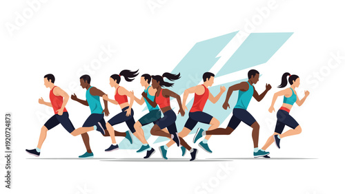 Group of diverse men and women running together in athletic wear against a light blue lightning bolt graphic for fitness and racing.
