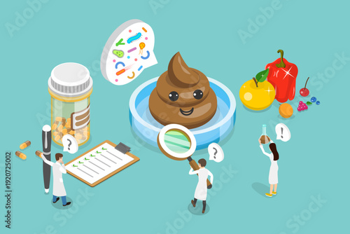 3D Isometric Flat Vector Illustration of Faeces Checkup, Concept Outline For Diagnosing Healthy Poop Through Medical Fecal Microflora Checkup.