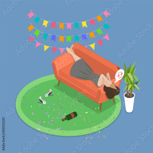 3D Isometric Flat Vector Illustration of After Party, Inebriated Woman Twirls On Couch After Birthday Celebration