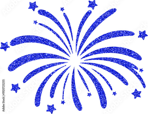 A vibrant blue glitter fireworks burst with sparkling star accents on a black background, creating a bold and festive celebration design.