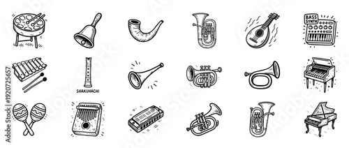 Hand-drawn musical instruments: trumpet, piano, maracas, flute, synthesizer, horn, bell, harp