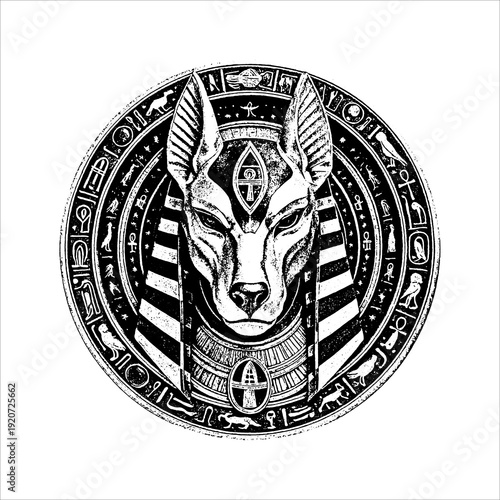 Anubis Egyptian god head with hieroglyphs in vintage etched style