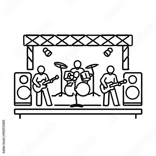 Simple black and white line drawing of live rock band on concert stage with guitars drums and speakers minimal outline illustration for music festival poster logo and event marketing