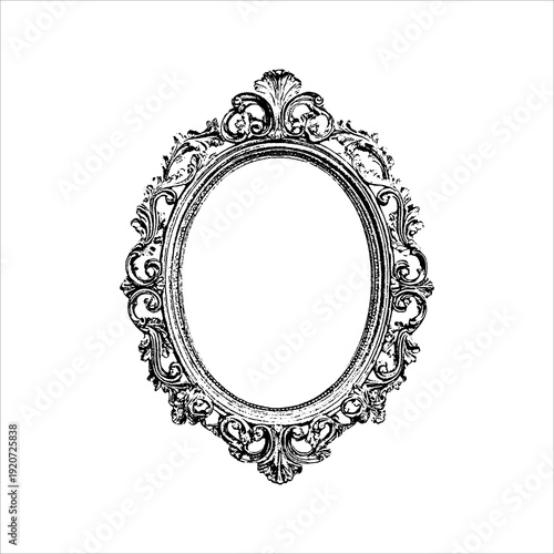 Ornate vintage oval frame with baroque details in etched style