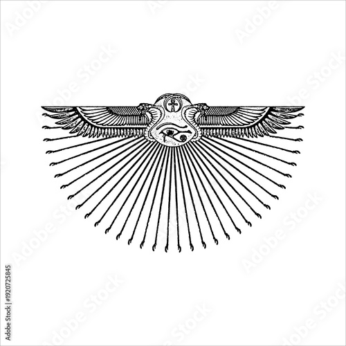 Winged scarab with Eye of Horus and sun rays in vintage etched style